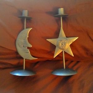 Set of two celestial metal bronze candlestick holders Sun Star